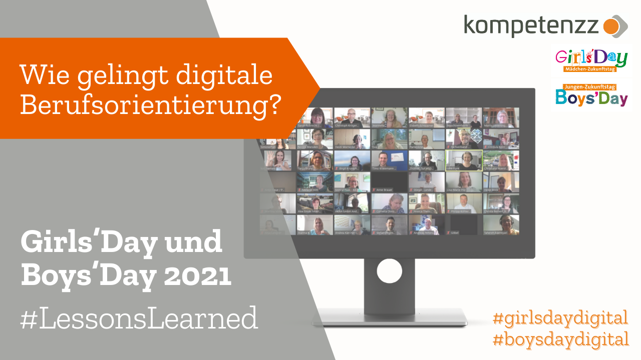 Auf einem Bildschirm sind alle Teilnehmenden während der Veranstaltung zu sehen. Daneben steht: Wie gelingt digitale Berufsorientierung? Girls'Day und Boys'Day 2021
